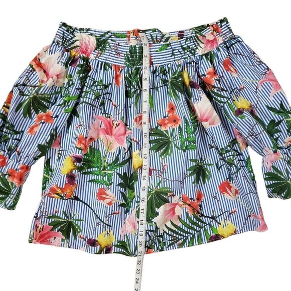 MNG by Mango Floral Stripe Bow Back Off Shoulder Top Size 6 - Picture 13 of 16